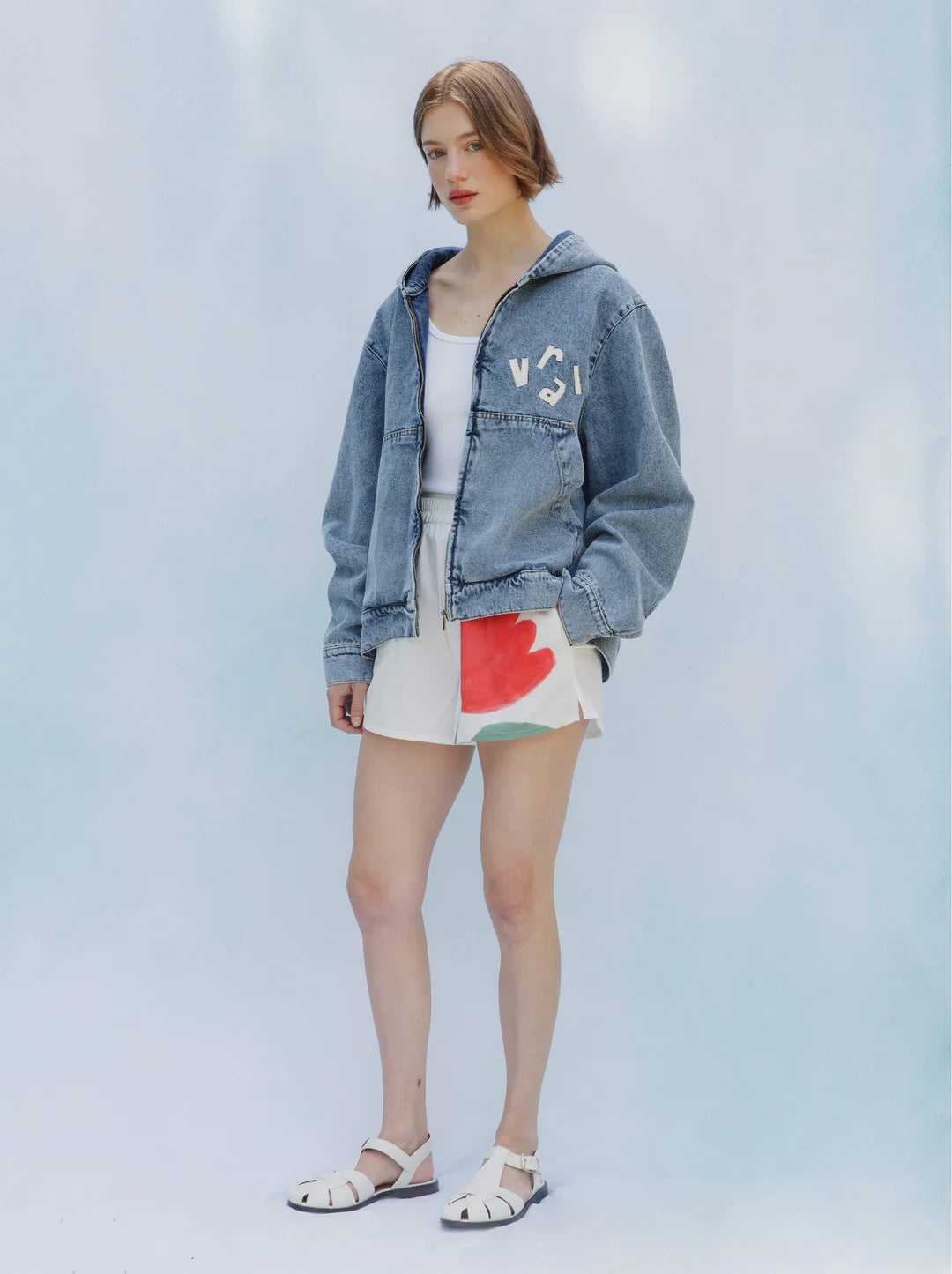 Unisex Patch Washed Denim Hooded Jacket — LIGHT BLUE