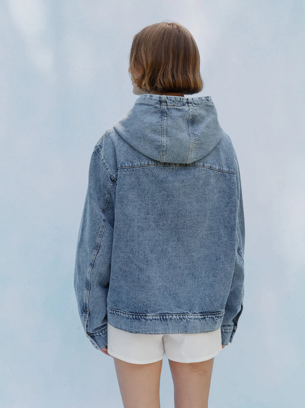 Unisex Patch Washed Denim Hooded Jacket — LIGHT BLUE