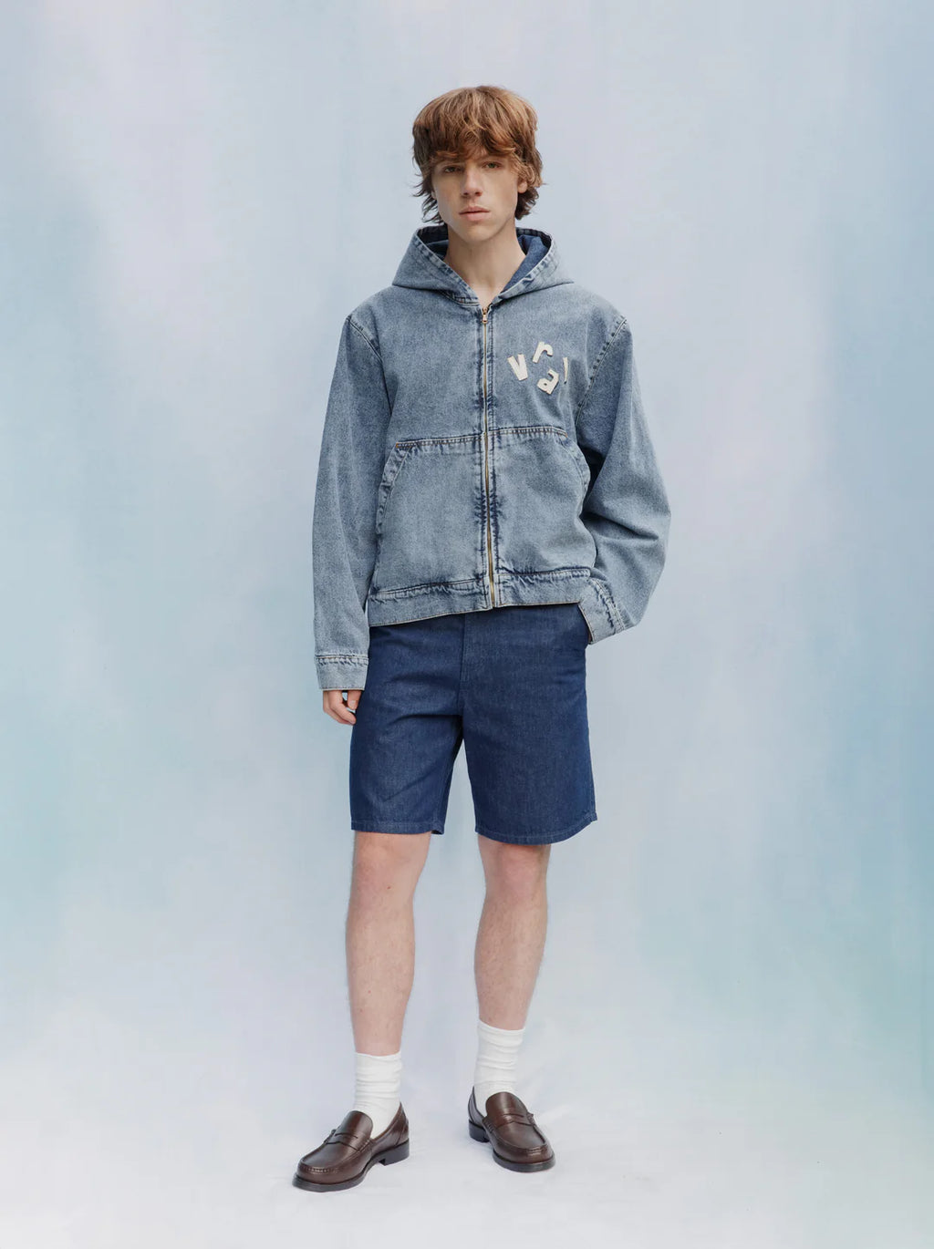 Unisex Patch Washed Denim Hooded Jacket — LIGHT BLUE