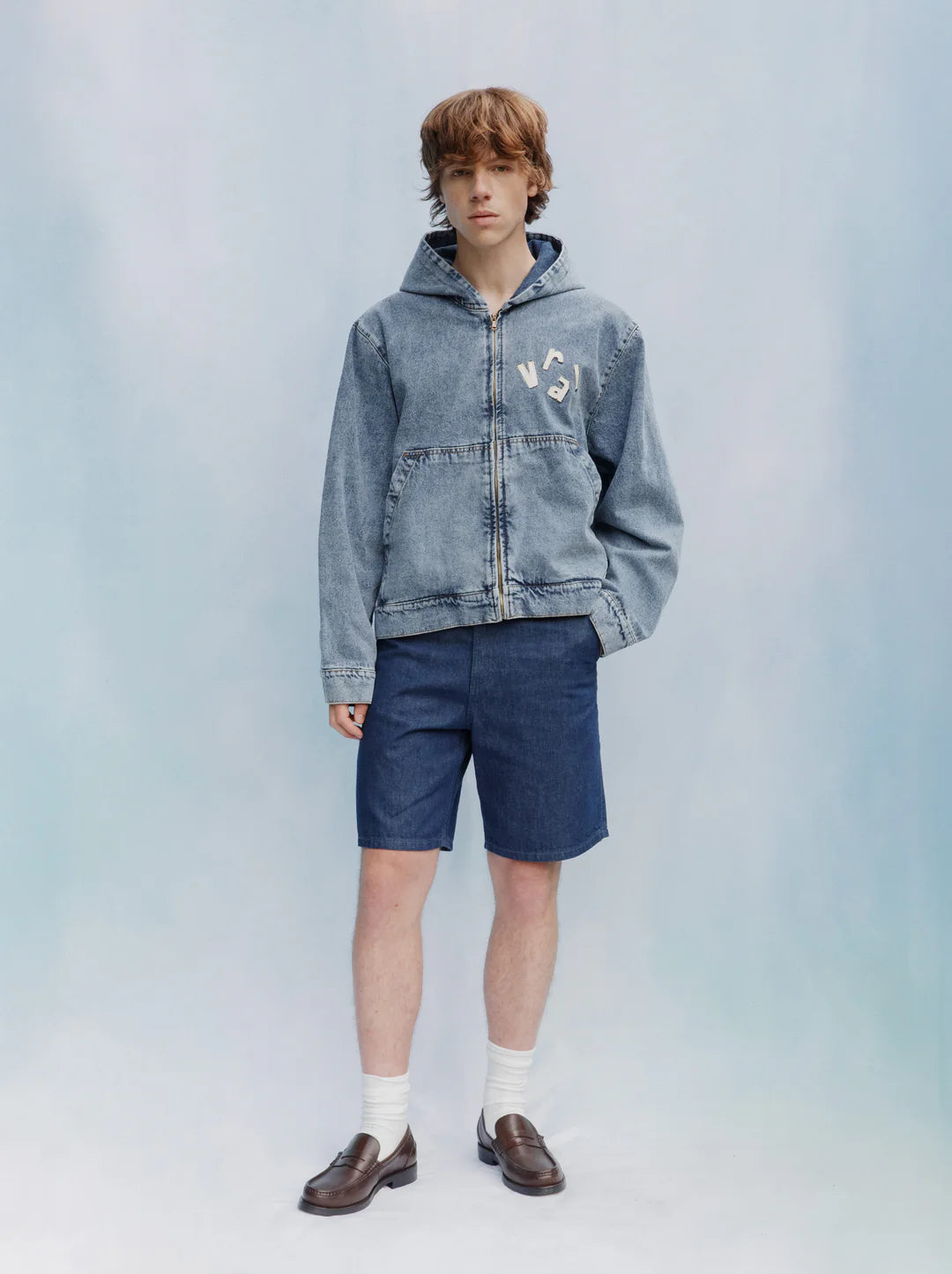 Unisex Patch Washed Denim Hooded Jacket — LIGHT BLUE