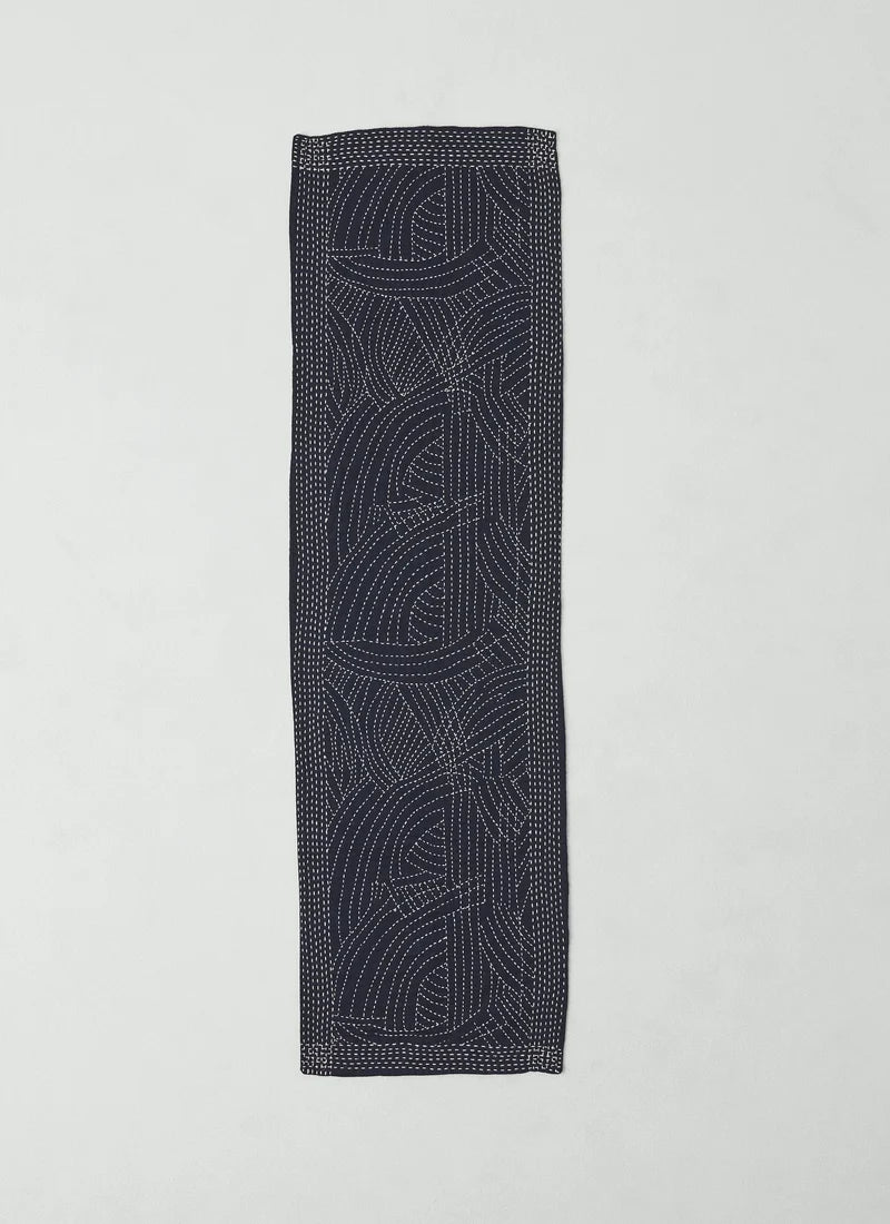 Kantha Embroidered Cotton Scarf — MIDNIGHT / ECRU