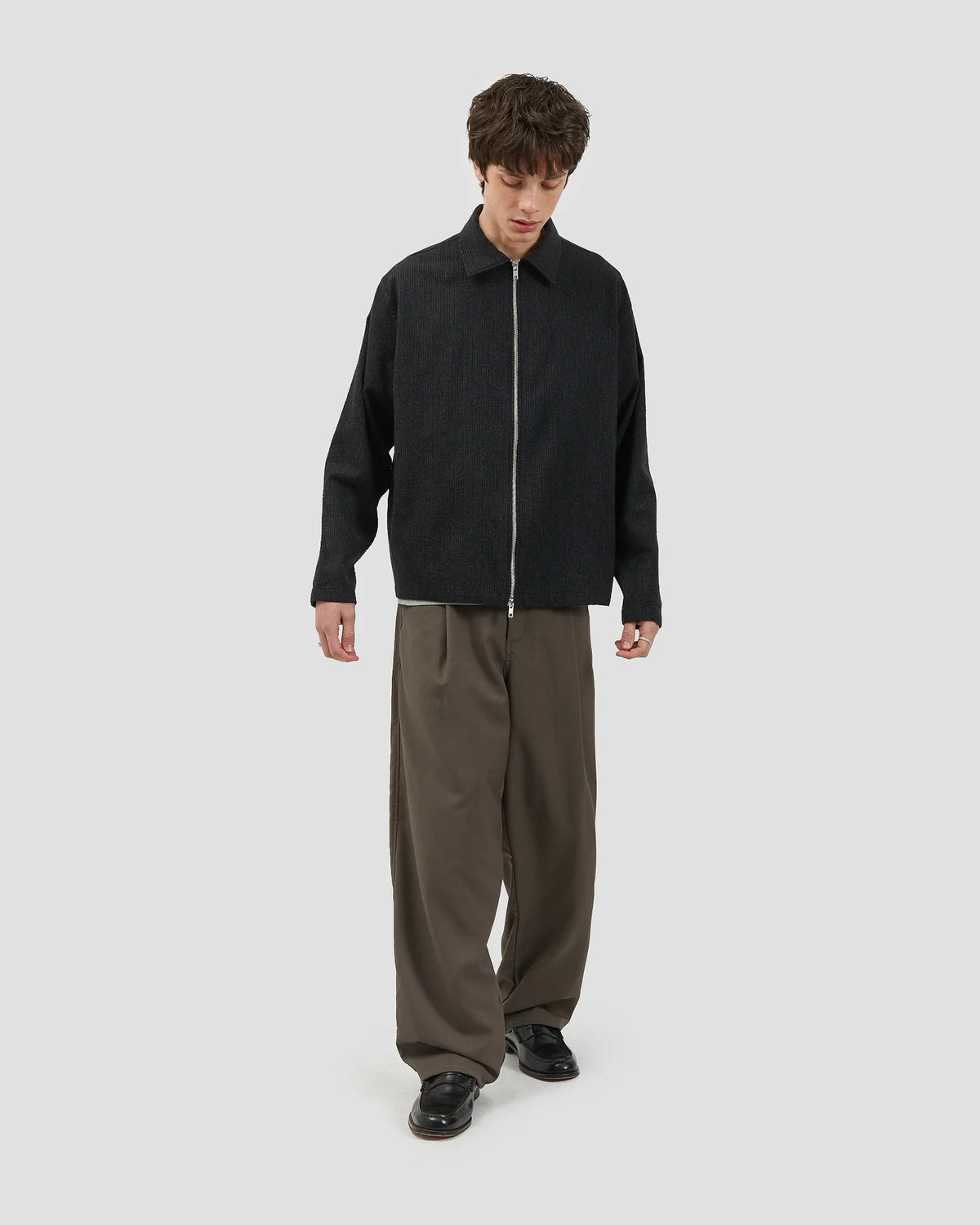 Zipper Wool Shirt — TEXTURED BLACK
