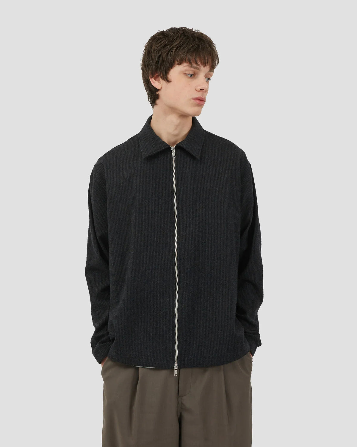 Zipper Wool Shirt — TEXTURED BLACK
