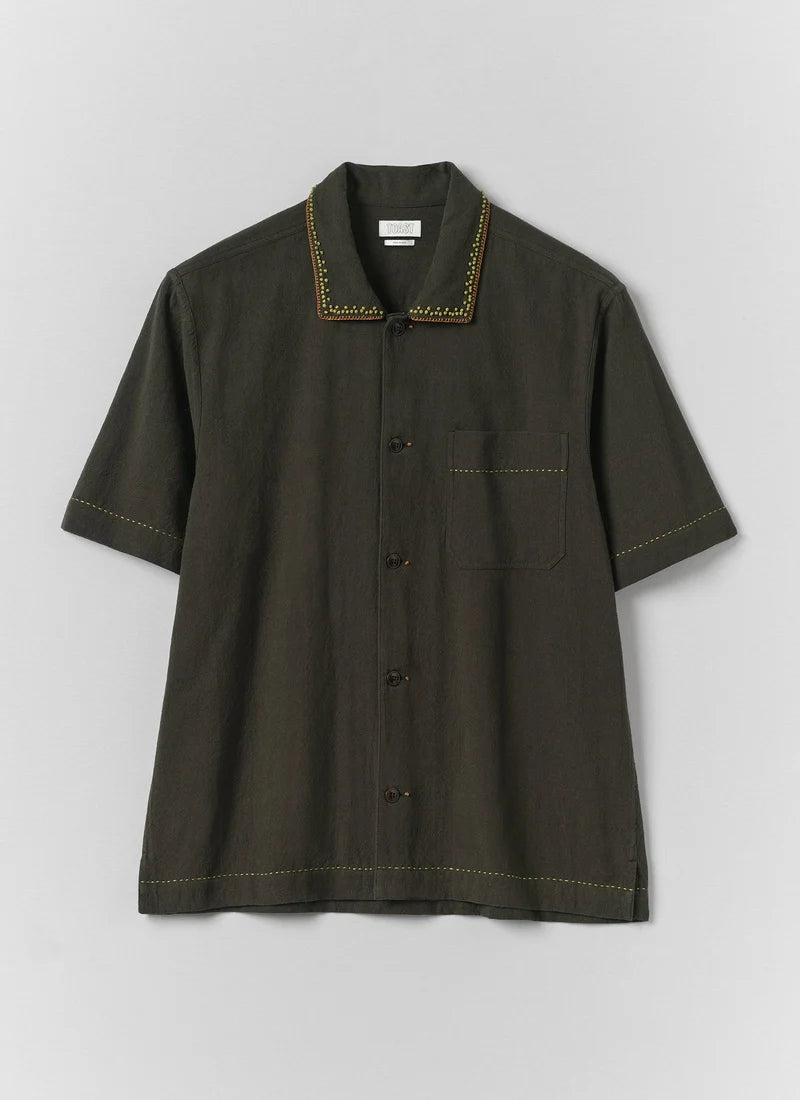 Kantha Knot Embroidered Cotton Shirt — DARK OLIVE