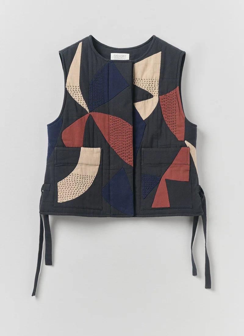 Migration Patchwork Side Tie Waistcoat — SLATE / BRICK