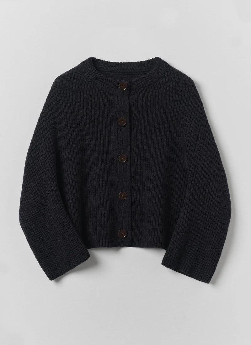 Ribbed Wool Rounded Cardigan — DARK NAVY